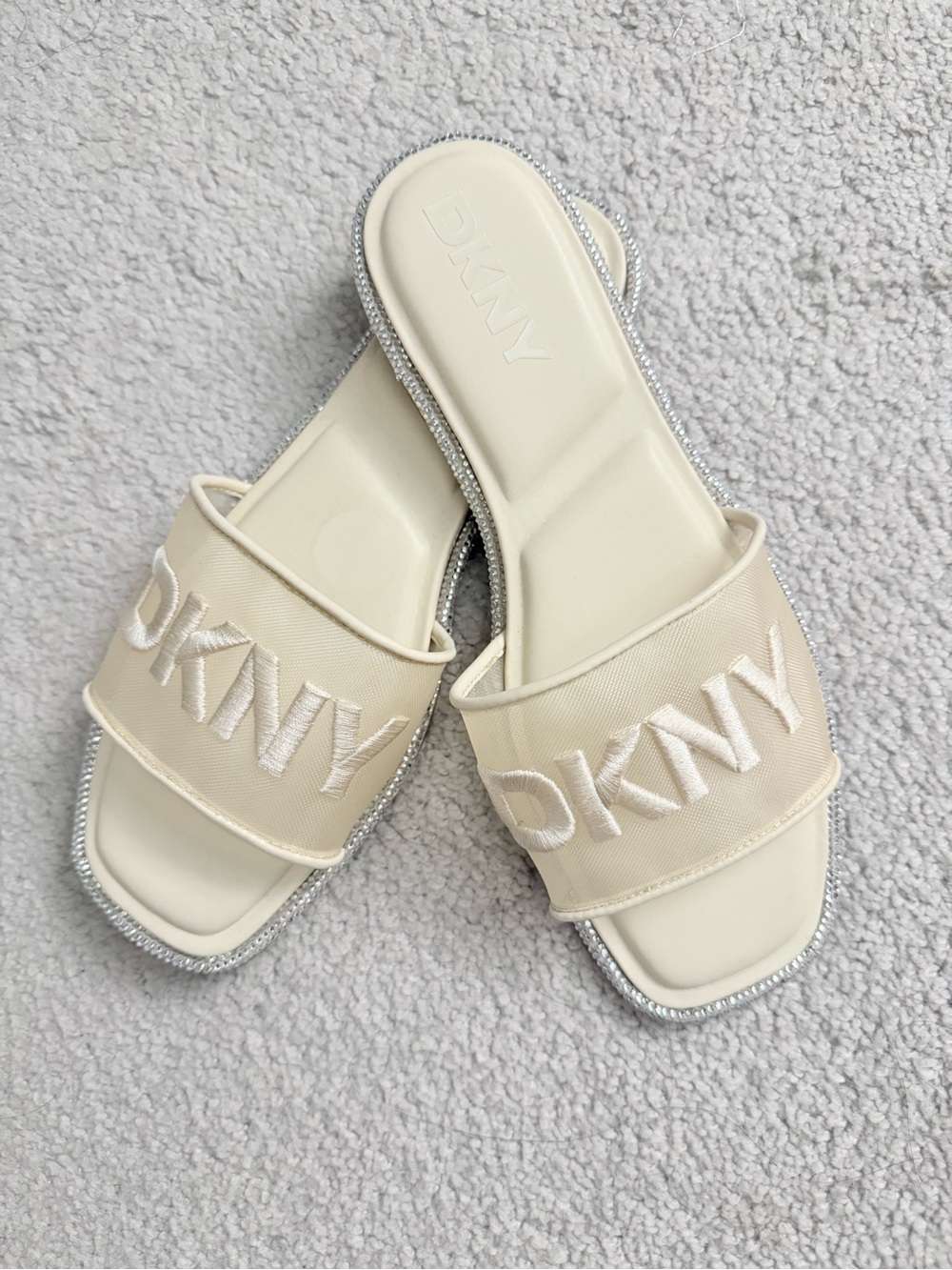 DKNY Cream Logo Embroidered Slide Sandals with Silver bling trim